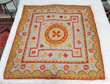 Vintage Heavily Embroidered Cotton Piano Shawl Textile India Mirrors Fringe