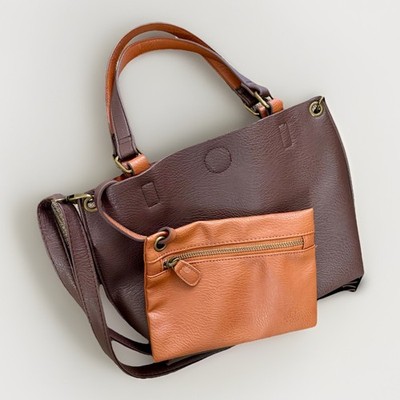 VTG 80s 90s GH BASS &CO Reversible 2-in-1 Pebbled LTR XBODY Tote Bag+Pouch BROWN