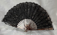 1900-15 Black Tulle Folding Fan Lace Insets  Silver Spangles Smoky MOP Sticks
