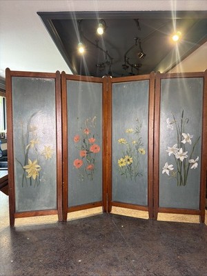 Hand-painted Vintage Four-Panel Folding Floral Screen 38.5 x29 