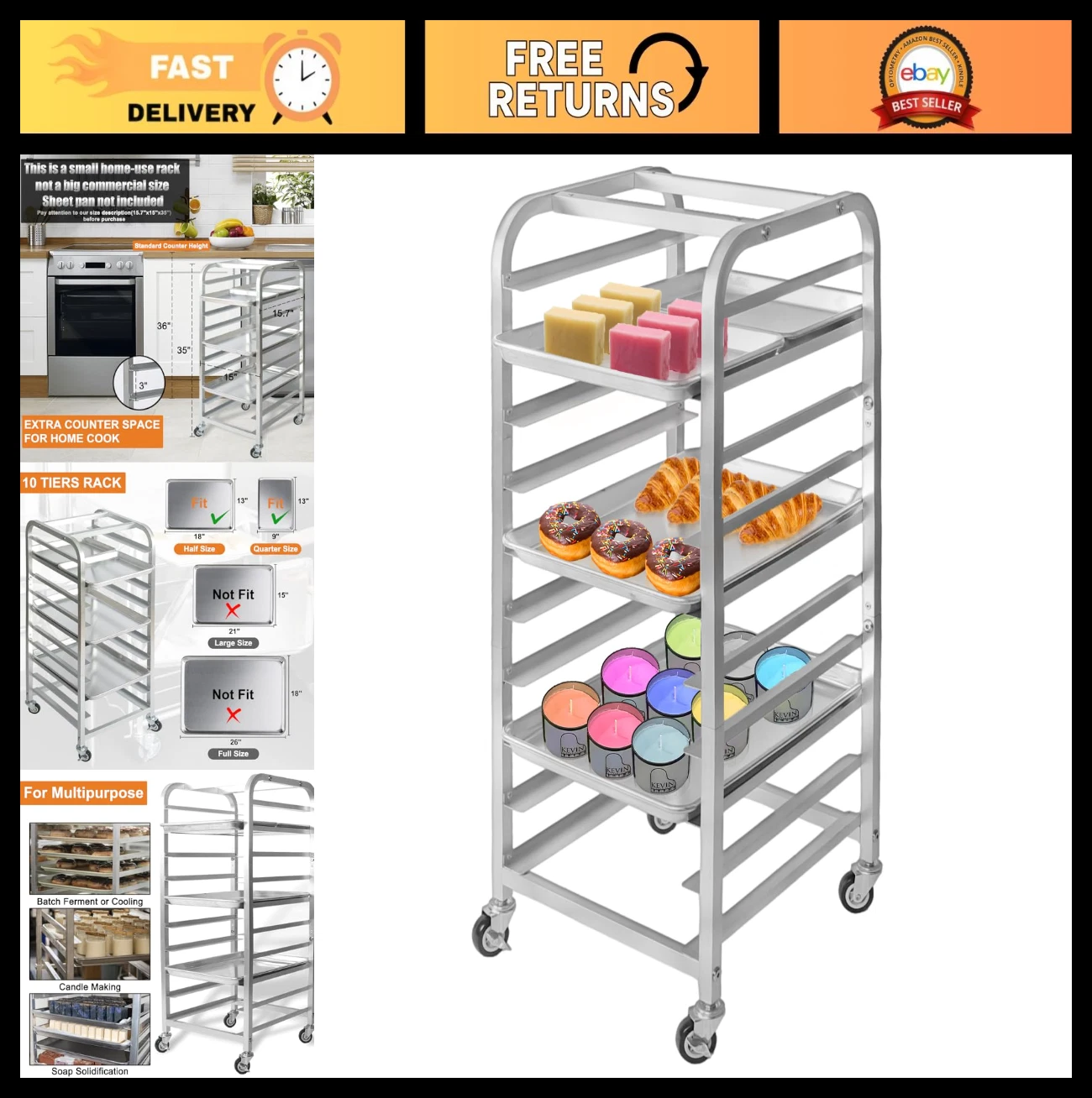 10-Tier Rolling Bakery Rack for Sheet Pans - Cooling Stand with Wheels, Oven Car
