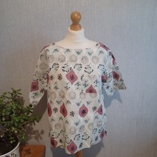White Stuff Women's UK 14 Beige Bird Print Linen Blend Top Blouse Relaxed Summer