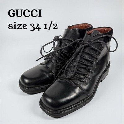 Gucci Short Boots Lace-Up Logo Leather Black Women's Size EU34.5/US4.5