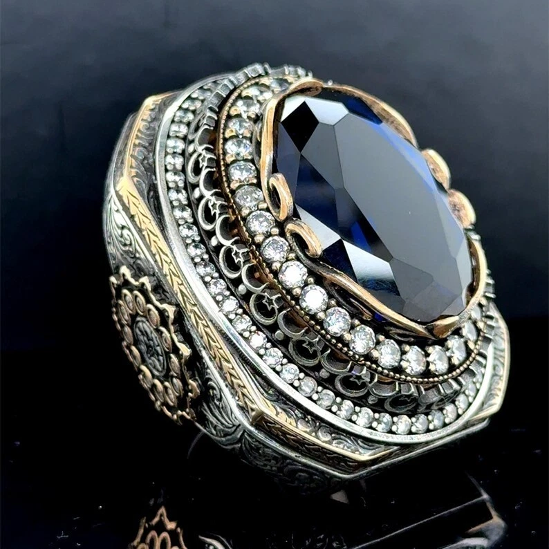 Anillo grande de plata turca hecho a mano de moissanita y zafiro profundo Foto 4 de 4