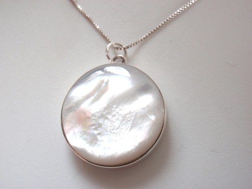 Mother of Pearl 19 mm Globe 925 Sterling Silver Necklace round circle 1075-886 - Picture 4 of 5