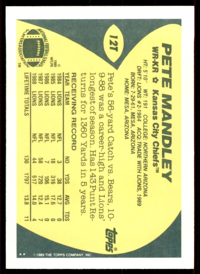 1989 TOPPS TRADED PETE MANDLEY . KANSAS CITY CHIEFS #12T - Image 2 of 2