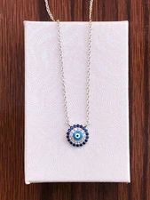 925 Sterling Silver Small Blue Cz Evil Eye Pendant Necklace Round 9mm 17.25"