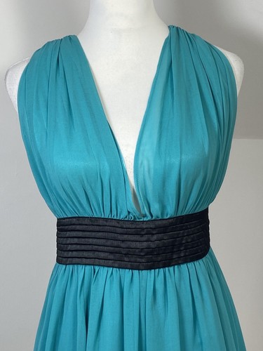 Abito MISS SELFRIDGE A-Line blu verde acqua taglia 10 raso chiffon incrociato schiena - Foto 2 di 10