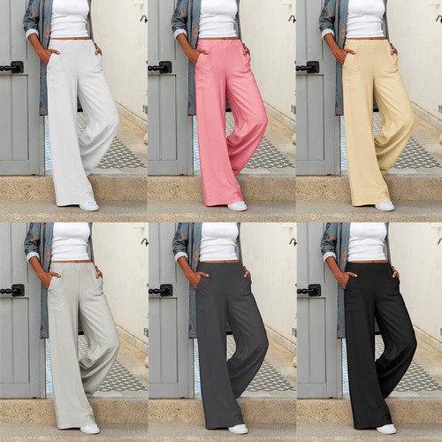 Womens Wide Leg Trousers Elastic High Waist Loose Pants Baggy Palazzo Trousers - Picture 14 of 21