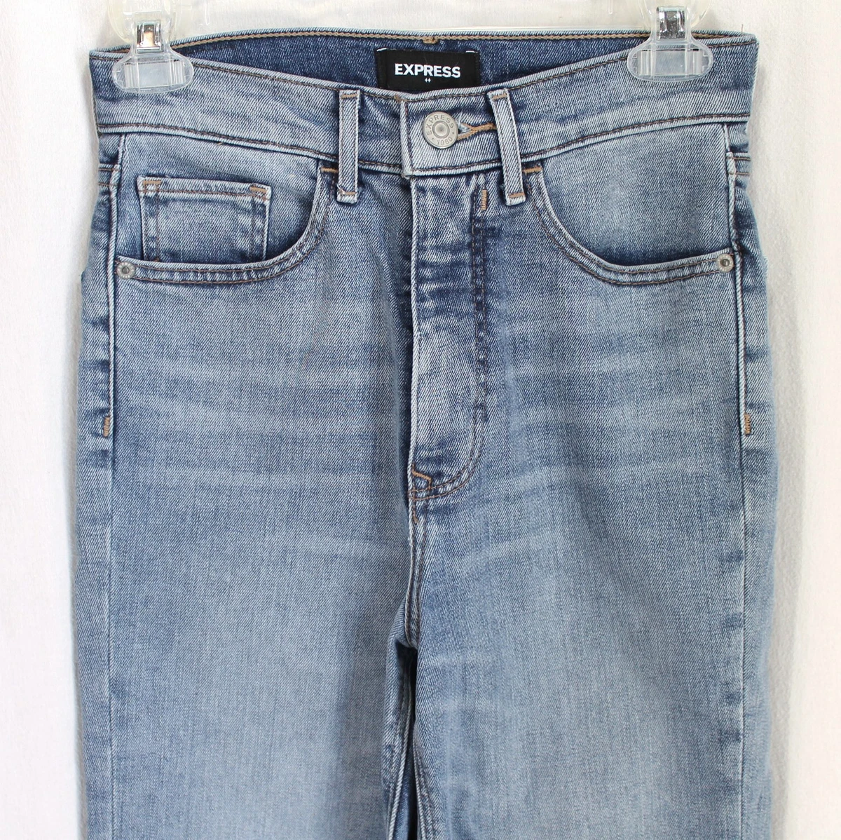Express Super High Rise Mom Jeans Womens Size 00 Light Wash Blue Straight Leg