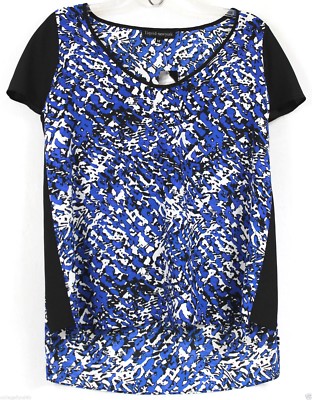 LIQUID NEW YORK Blouse Scoop Neck SS Hi Low Hem Size M Blue Black Retail $59.90