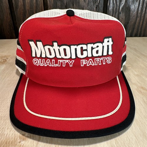 Vintage Motorcraft 3 Stripe Trucker Hat Snapback Cap 80s Made in USA Three Red