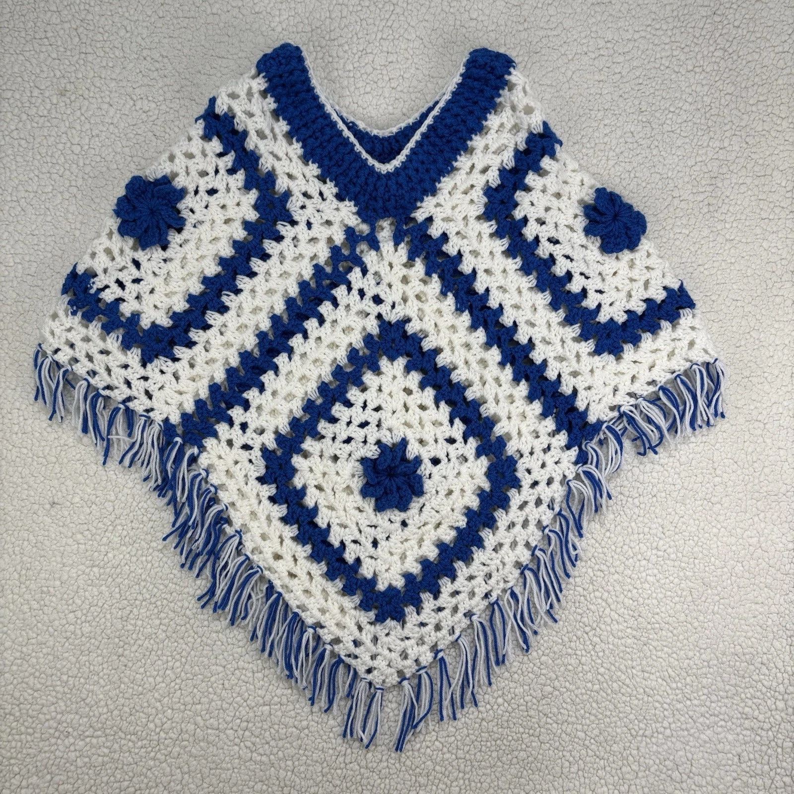 Handmade Knit Poncho Granny Square Blue White Crochet Festival Chunky Hippie