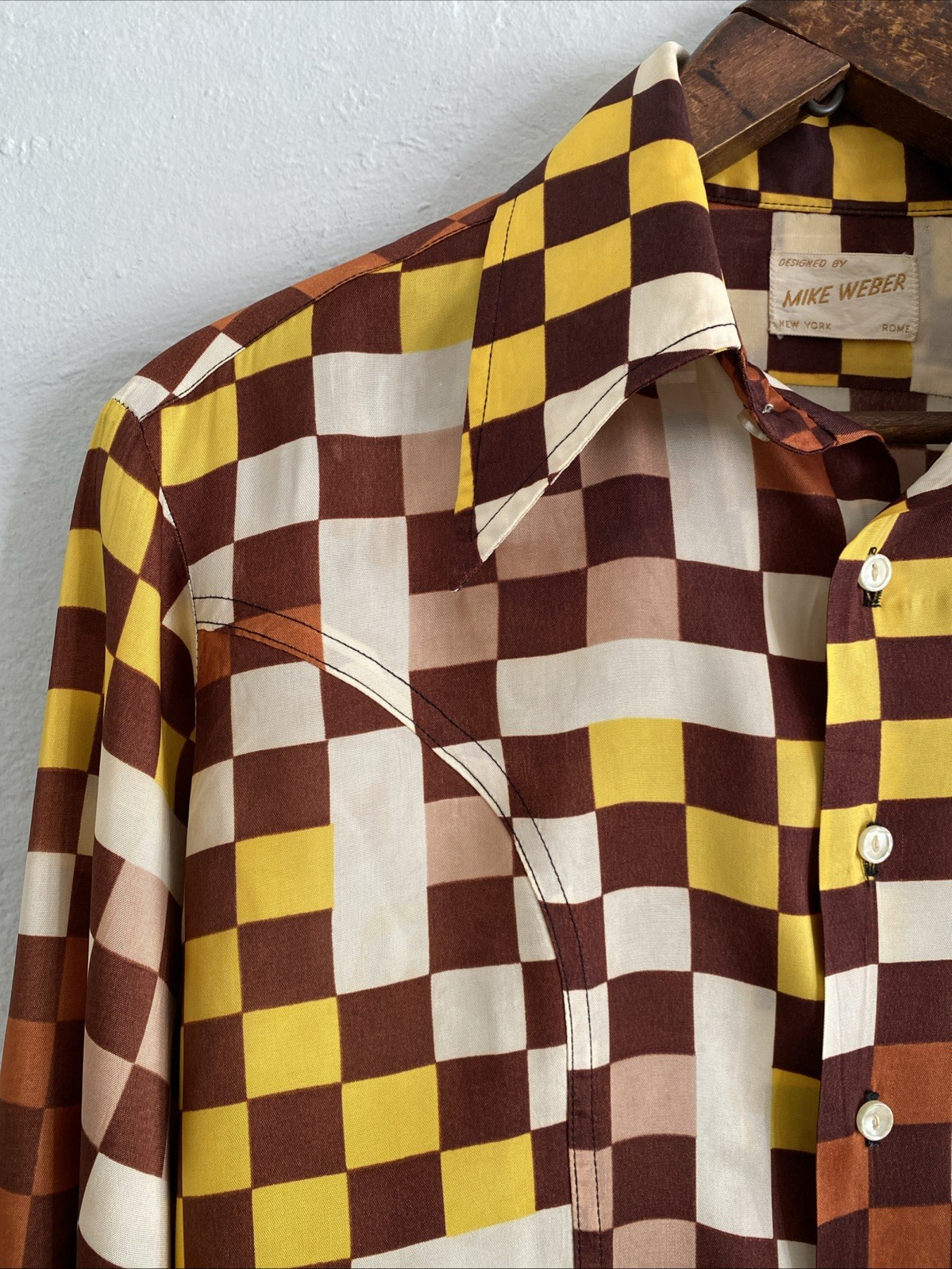 Vintage 70s Mike Weber Dagger Collar Op Art Checker Disco Button Up Shirt Sz S M image 6