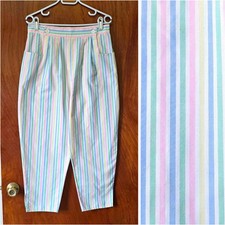 1980s Vintage Capri Pants 80s High Waist Stripes Pastel Summer Medium Large M/L