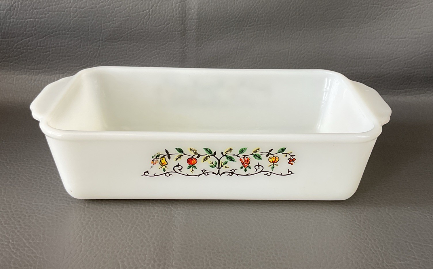 Vintage Anchor Hocking Fire King 1 Qt Loaf Pan Baking Dish Fruit Harvest Pattern