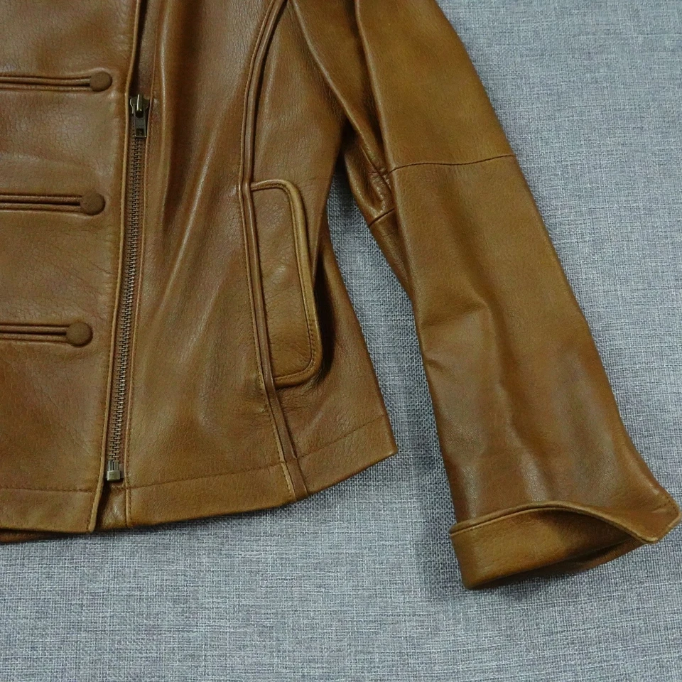 Chaqueta Moto Worth Mujer Cuero Marrón Asimétrica Cremallera Detalle Botón Talla 10 Foto 4 de 4