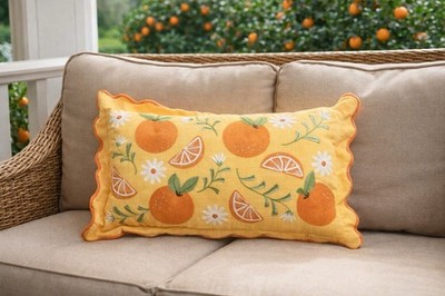 Nautica Mimosa Orange Florida Floral Fruit Embroidered 14 X 24 Summer Pillow NWT