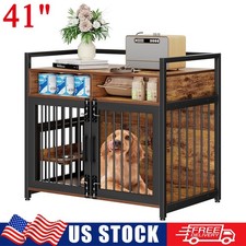 41" Dog Crate Furniture Large Dog Kennel Indoor Wooden Cage with Drawers  Bowls