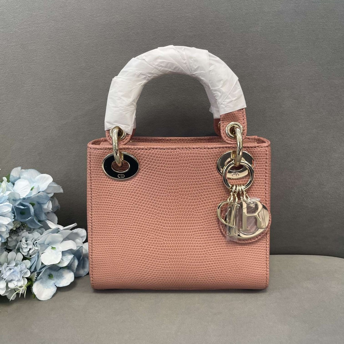 Dior Pink Lizard Leather Lady Dior Gold Hardware Top Handle Bag