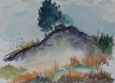 Gerhard Schulte-Dahling Landschaft See Hügel Postwar signiert Aquarell - Bild 1 von 3