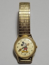 Vintage Disney Mickey Mouse Watch Lorus Stretch Band Gold Tone Read Description