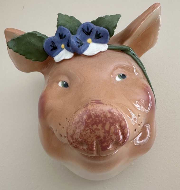 Sonja Magill 1987 Large Pottery Pig Head W/ Pansy Flowers Wall Mount Santa Cruz