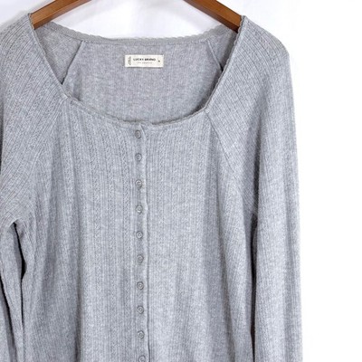 Lucky Brand Gray Ribbed Square Neck Button Front Long Sleeve Cropped Sweater XL