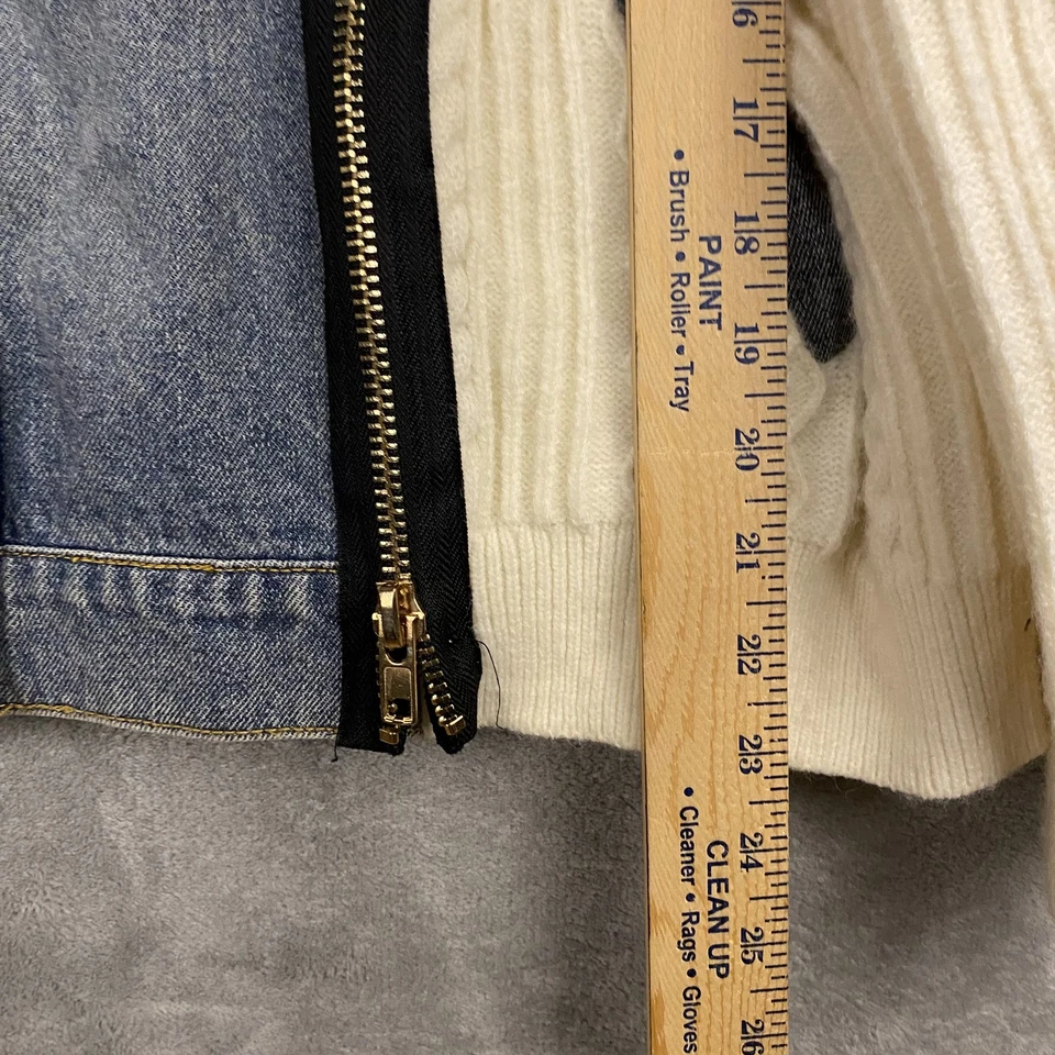 POL Women's M Denim Cardigan Jacket Blue White Knit Sleeves - Image 2 of 4