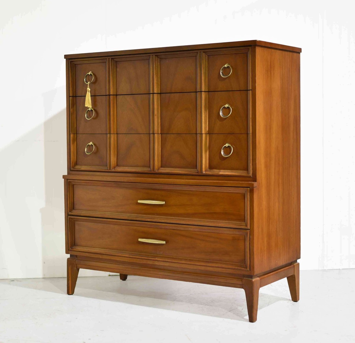 mid century modern dixie dresser Mid-Century Modern Walnut Highboy Dresser by Dixie Furniture, c.1960's Vintage Supply
