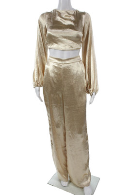 Lovers + Friends Womens Cropped Blouse Wide Leg Pant Set Gold Size Extra Small