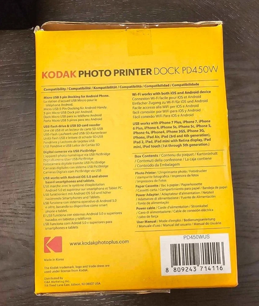Kodak Photo Printer Dock PD450W WiFi Smartphone Photography Micro USB