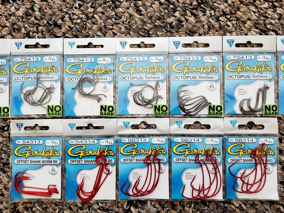 (12) Gamakatsu Offset Shank Worm EWG RB Octopus Barbless Fishing Hooks Lot Bass - Image 2 of 2