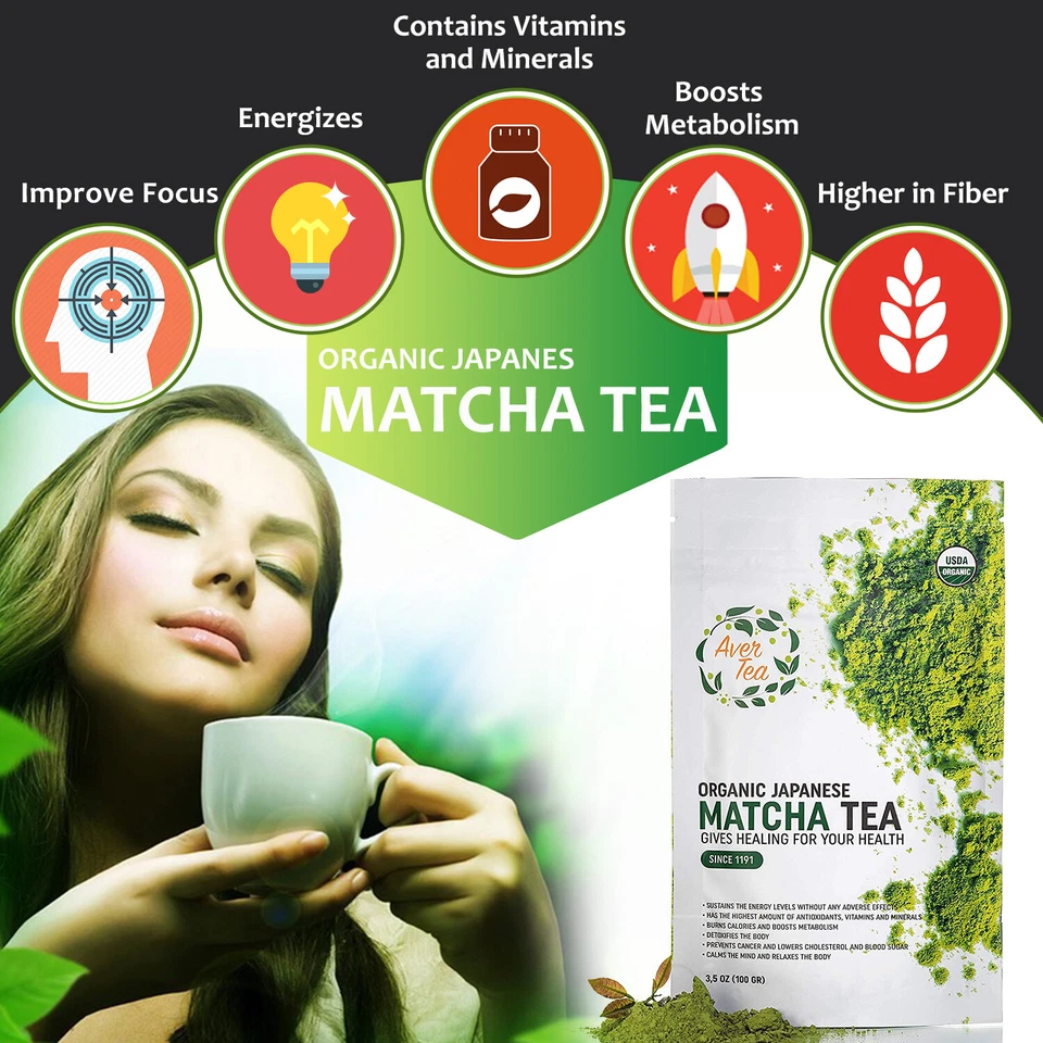 Té verde Matcha 100 % japonés orgánico Aver Tea en polvo grado desintoxicación hornear 3,5 oz Foto 3 de 4
