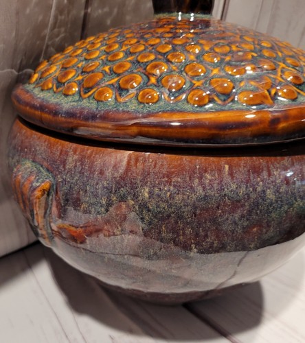 Pottery bean pot With Lid Or Cookie Jar Earth Tones Glaze Large Size - Picture 12 of 24