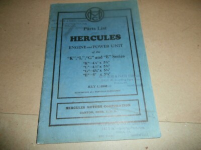 Original 1942 Hercules Motors Corp Engine Power Unit Parts List Manual K L G E