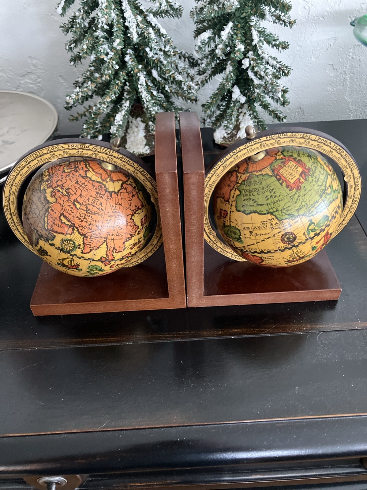Vintage Wooden Old World Globe Bookends Dragons Ships Poseidon Made in Italy MCM