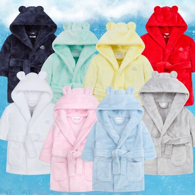 Baby Boys Girls Dressing Gown Plain Fleece Hooded Bathrobe Nightwear 0-4 Years