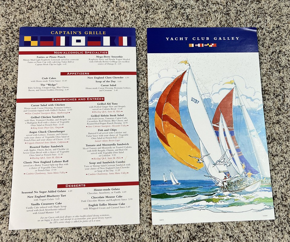 Disney’s Yacht Club Restaurant Menus, Captains Grille And Yacht Club