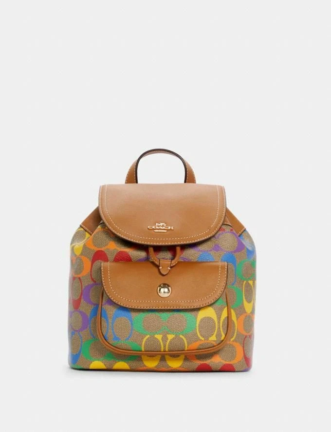 NWT Coach C4097 Pennie Backpack 22 in Rainbow Signature Canvas in Light  Saddle