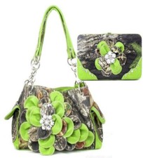 Western Green Camouflage Flower Rhinestone Handbag W Matching Wallet