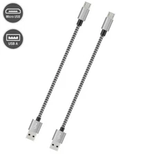 2x Short Micro USB to USB Fast Charger Cable Cords, High Speed Data and Charging