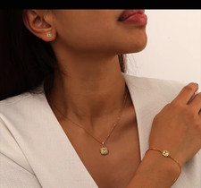 18K Gold Plated Square Zircon JewelrySet gift Necklace Bracelet Earrings Women