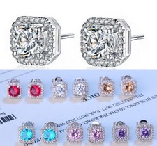 Sterling Silver Pave Cubic Zirconia 8mm Square Stud Earrings Bridal Gift S1