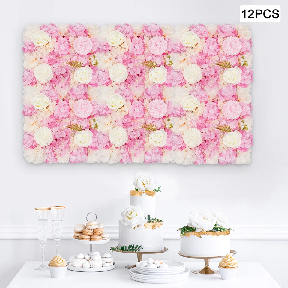 12PCS Artificial 3D Flower Wall Panel Wedding Backdrop Wall Decor Pink 15*15in - Image 4 of 4