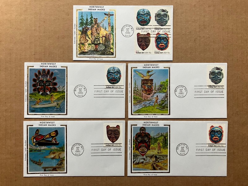 1980 15c Pacific NW Indian Masks 1834-37 Colorano Silk FDC Master Set of (5)