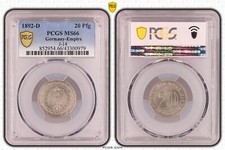 M&uuml;nze Pfennig Kaiserreich 20 Pfennig 1892 D PCGS MS66 Pracht POP 1/1 nswleipzig