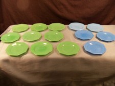 Lot of 14 Akro Agate Octagonal Childs Plates - Blue  Jadeite Green 4 1/2" Wide