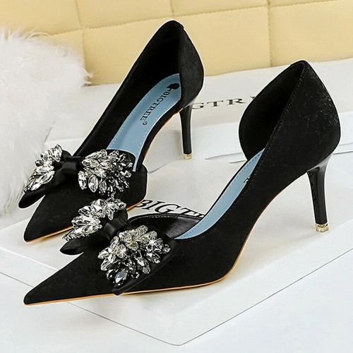 Women Pointed Toe Pumps Rhinestone Bow Sexy High Heels Stilettos Party Shoes - Picture 9 of 11