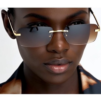Rimless Sunglasses Gold Brown Lens Square Fashion Trendy UV400 Sophisticated New